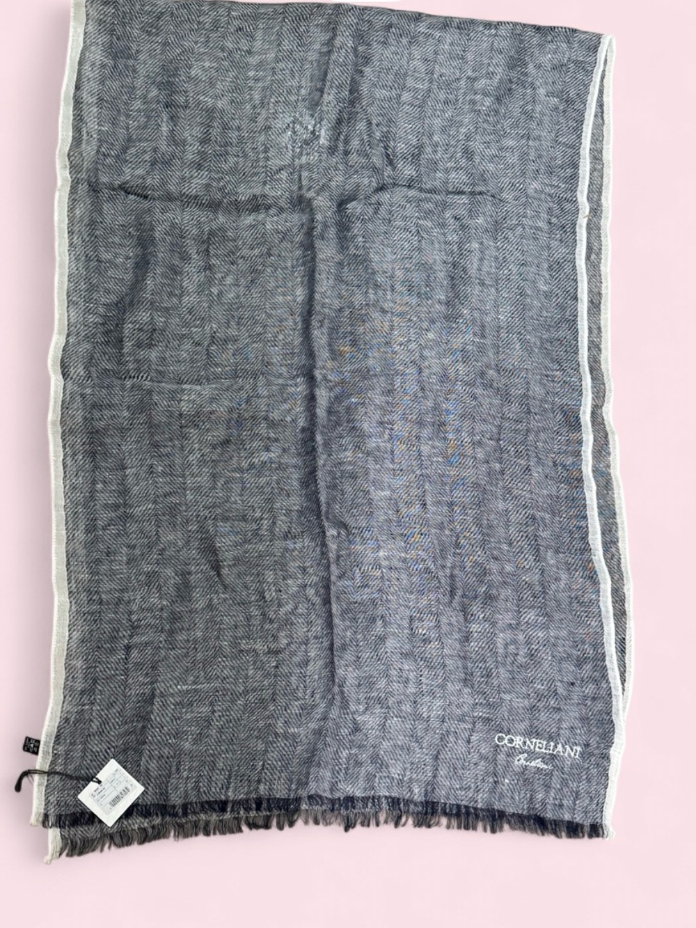 Corneliani Navy and Cream Herringbone Wool Scarf